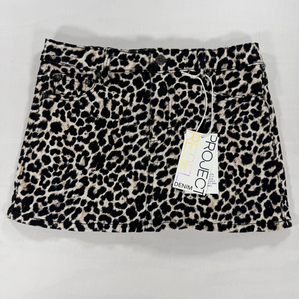 Project Rebel Denim Leopard Print Mini Skirt Womens S Stretch Animal Print NWT
